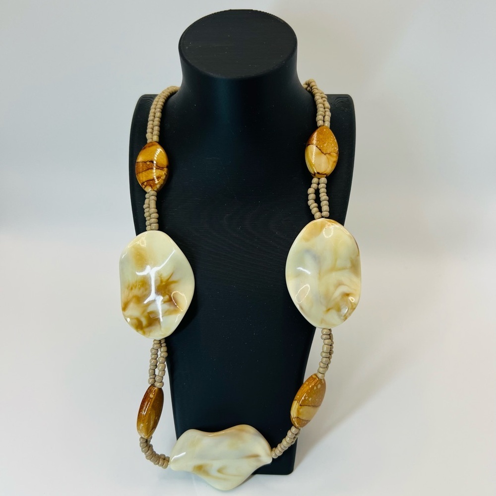 Statement Beaded Necklace Cream & Brown Resin Stone Look Adjustable